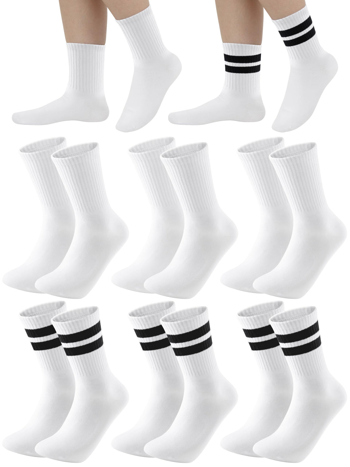 Cooraby 6 Pairs Unisex Kids Crew Socks Boys Girls Athletic Socks with Retro Stripes Soft Cotton Socks Black White Grey