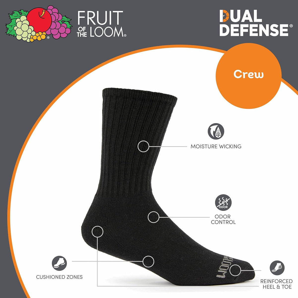 Fruit of the Loom Boys' Dual Defense Socks, Crew - 12 Pack - Black
