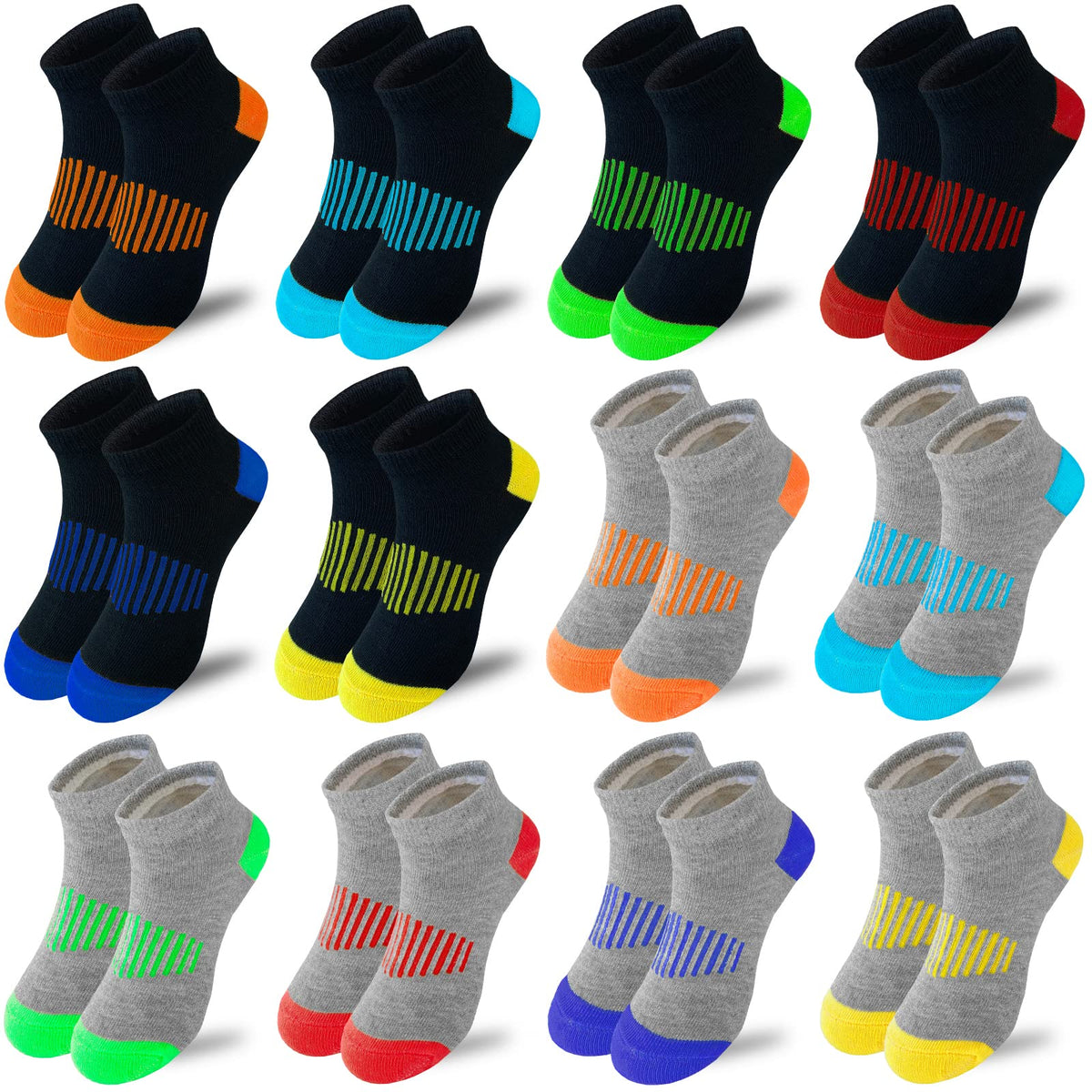 JAMEGIO boys socks 12 Pairs kids Half Cushion Low Cut Sock Sport Ankle Athletic Sock for Little Big Kids