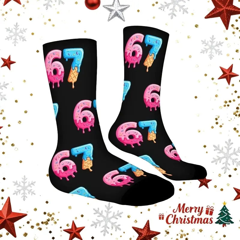 67 Ice Cream Print Socks Suitable for Boys & Girls - Funny 67 Number Meme Socks with Ice Cream Cone & Sprinkle Design, Winter Warm Funny Gifts for Teenagers (Hand Wash/Dry Clean), for Teenager
