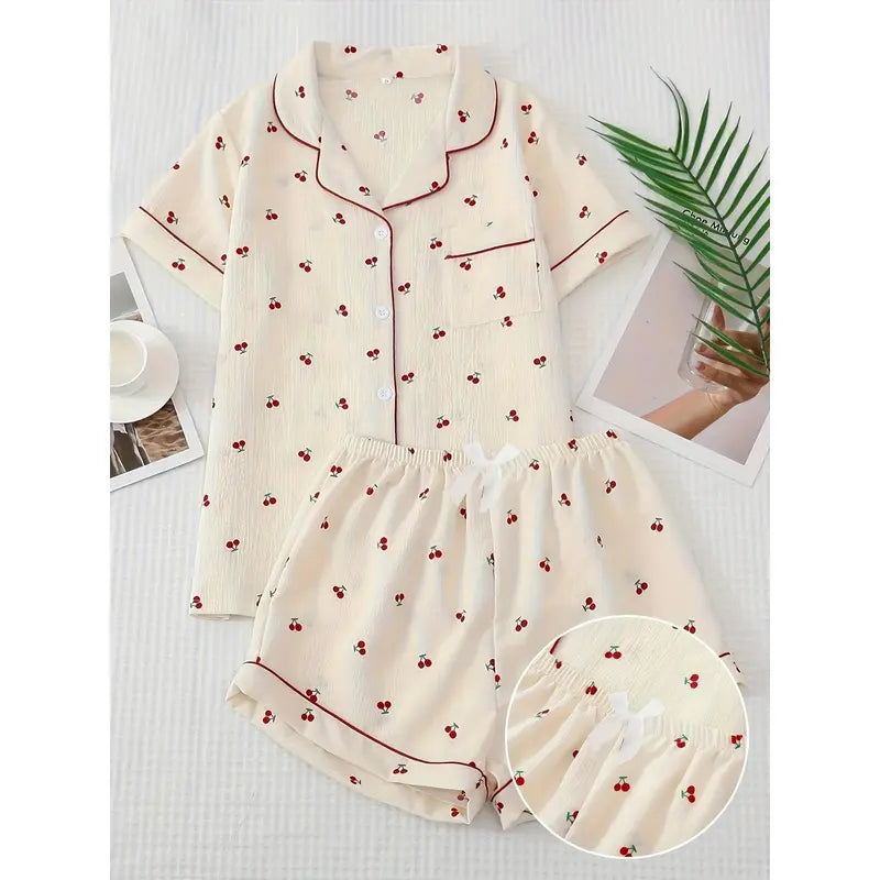 Boys' Youth 2-Piece Loose-Fitting Short Sleeve Fruit Print Pajama Set - Polyester Bubble-Wrinkle Fabric, Lapel Top, Relaxed-Cut Bow Tie Shorts, Cold-Wash, Dry-Clean Kids' Nightwear Loungewear