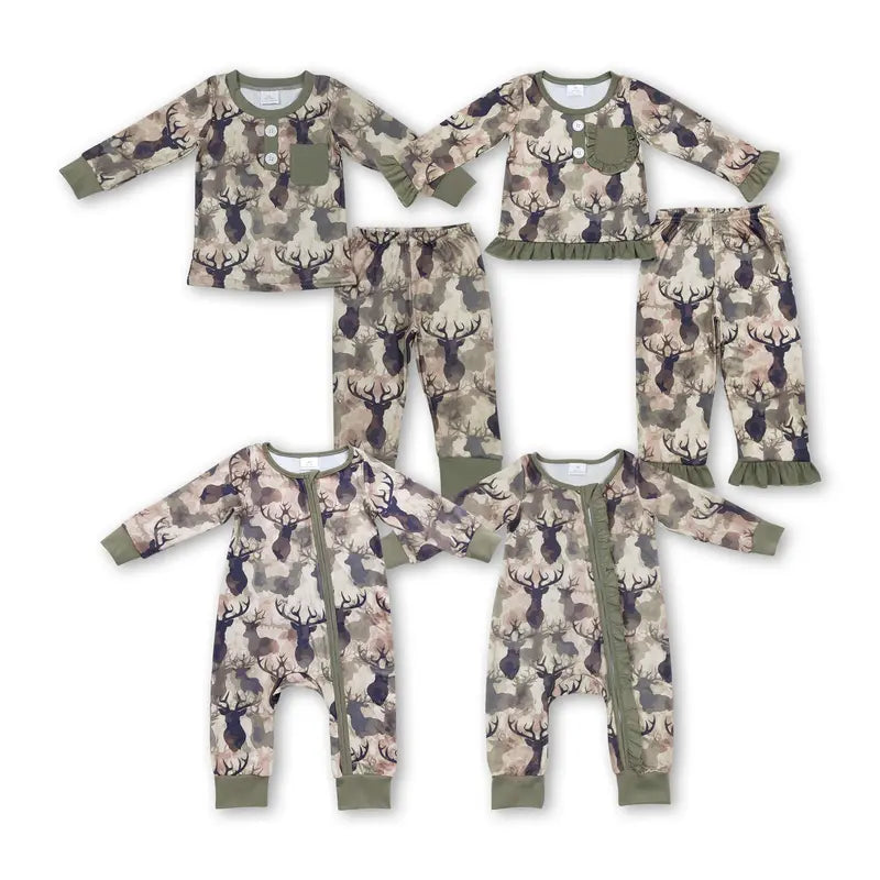 Kids Boy Camo Pajamas Set Deer Hunting Pockets Sleep Wear Winter Clothing