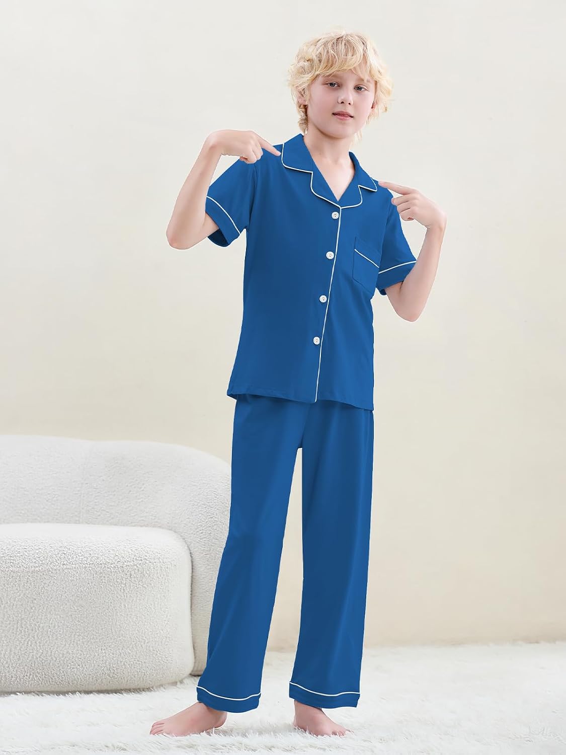 Umeyda Boys 100% Cotton Pajamas Short Sleeve and Long Pants 2-Piece PJ Set