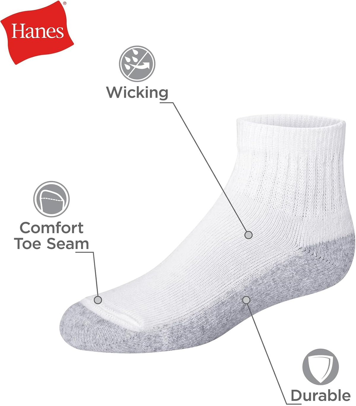 Hanes Boys' Socks Pack, Double Tough Moisture Wicking Ankle, Crew, No Show Socks, 12 & 14 Pair Packs