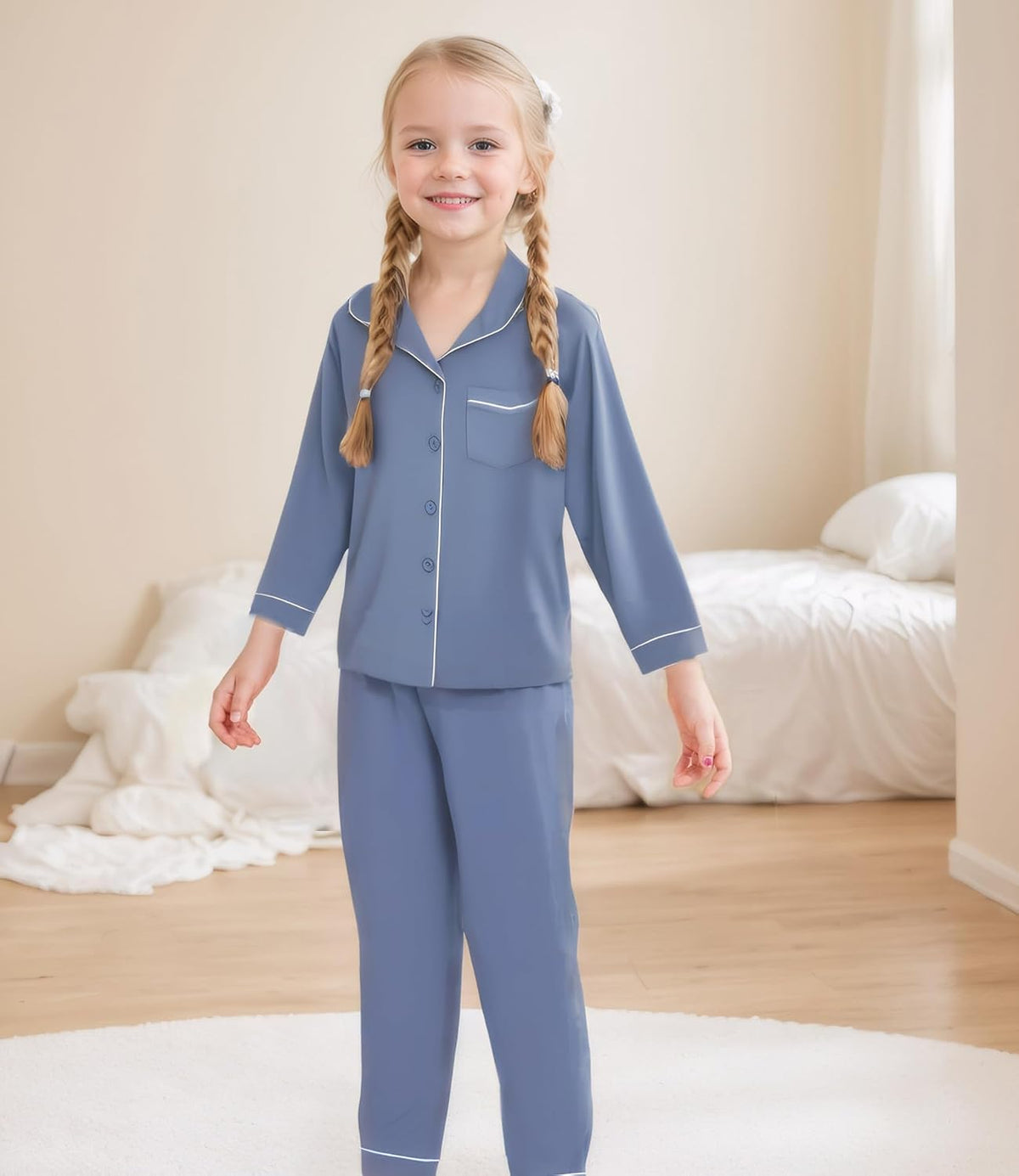 Aablexema Unisex Kids Pajamas Set Button-Down Long Sleeve for Boys Girls