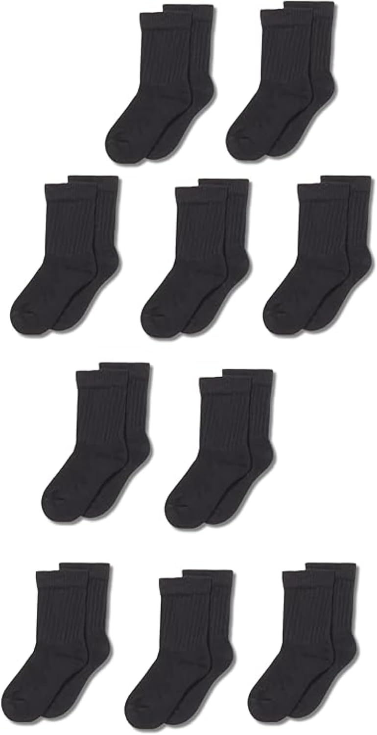 Amazon Essentials Unisex Kids and Toddlers' Cotton Cushioned Crew Socks, 10 Pairs