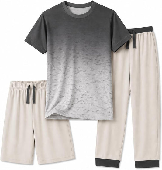 US Angels Boys Pajamas Set | 3-Piece Pant, Shirt, Shorts Sleepwear Pjs for Kids | Loose Fit, Soft, Breathable Blue Plaid