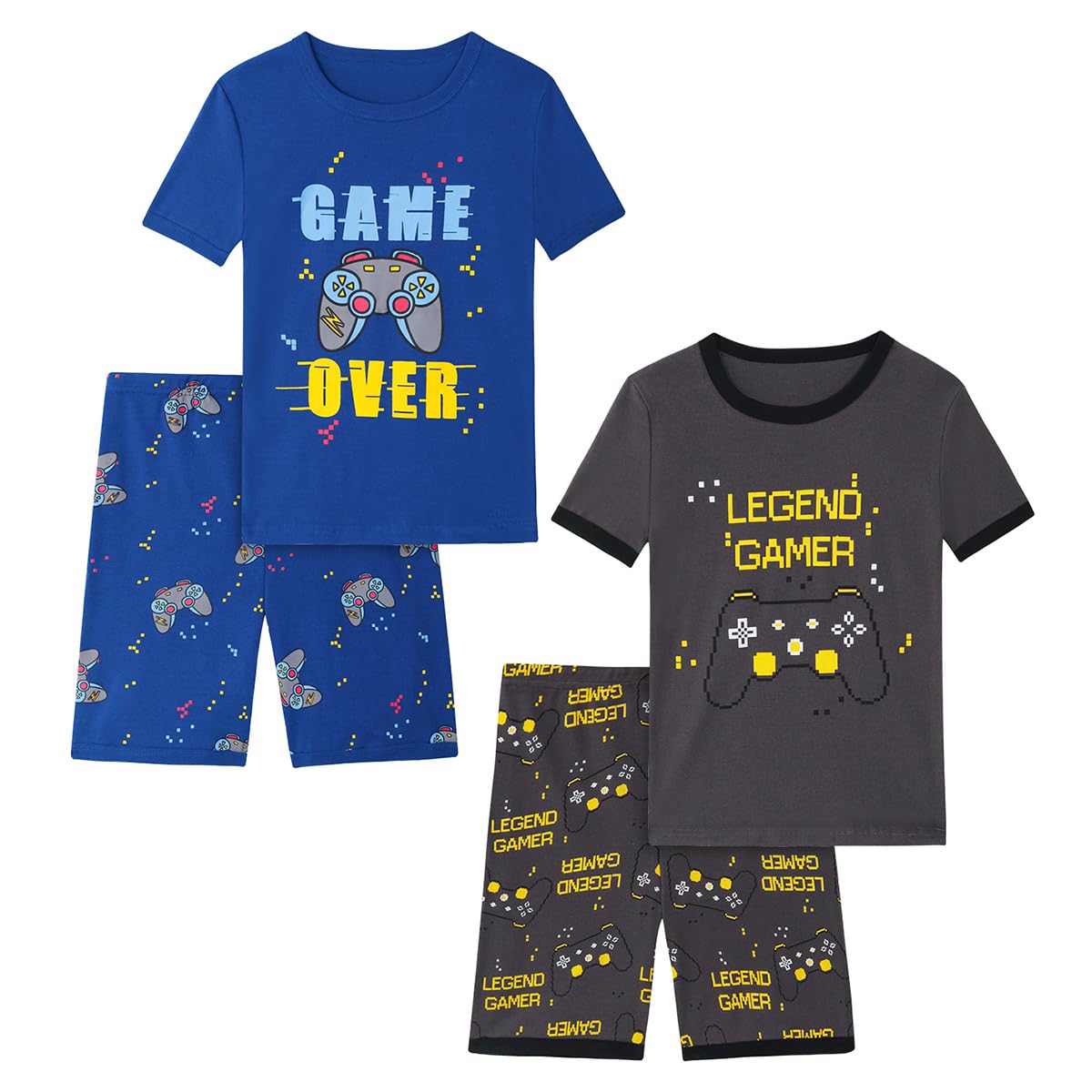 Boys Pajama Set, 4-Piece Cotton Pajamas Short Summer PJs Kids Sleepwear
