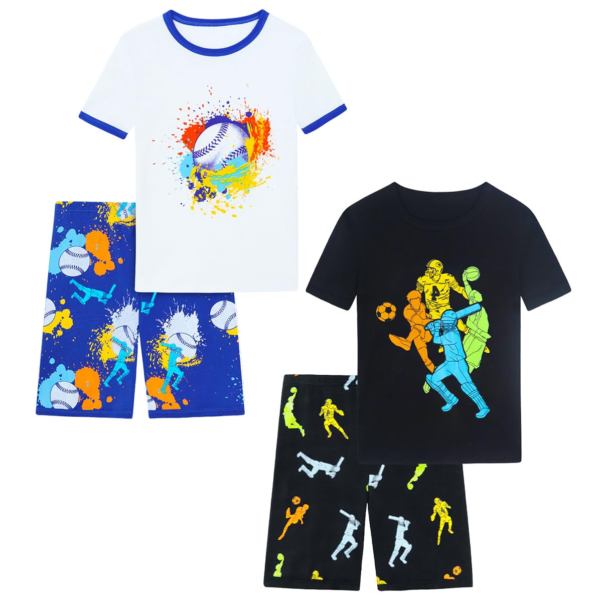 Boys Pajama Set, 4-Piece Cotton Pajamas Short Summer PJs Kids Sleepwear