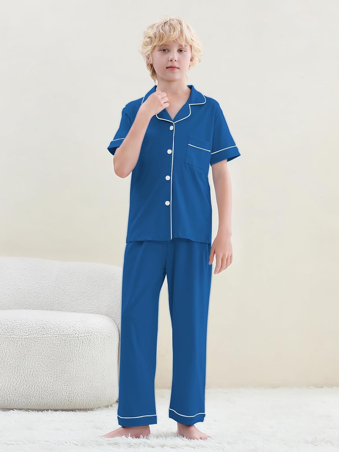Umeyda Boys 100% Cotton Pajamas Short Sleeve and Long Pants 2-Piece PJ Set