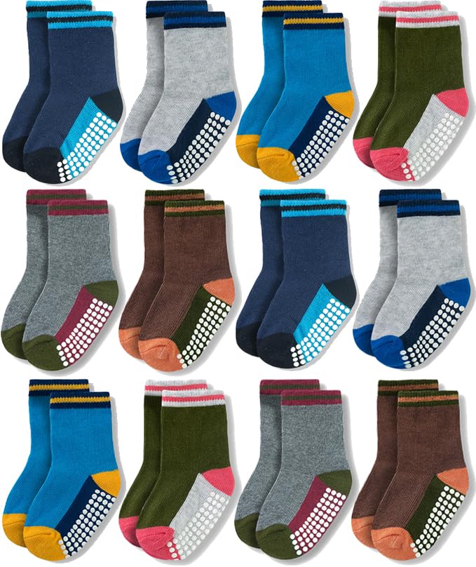Baby Toddlers Crew Socks with Non-Slip Grip 12 Pack Cotton Stretch Socks