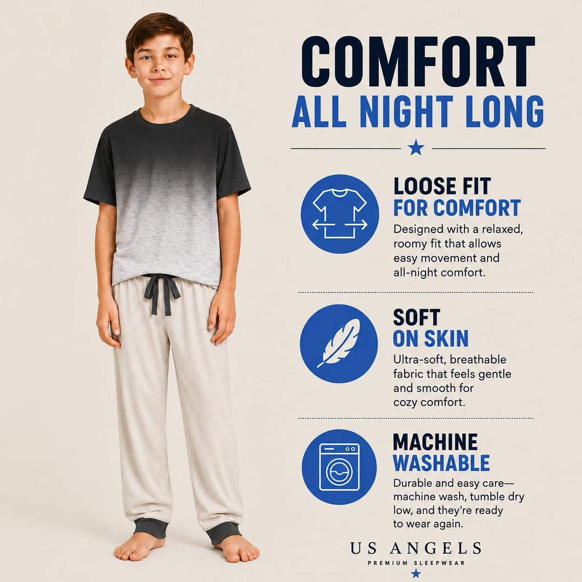 US Angels Boys Pajamas Set | 3-Piece Pant, Shirt, Shorts Sleepwear Pjs for Kids | Loose Fit, Soft, Breathable Blue Plaid