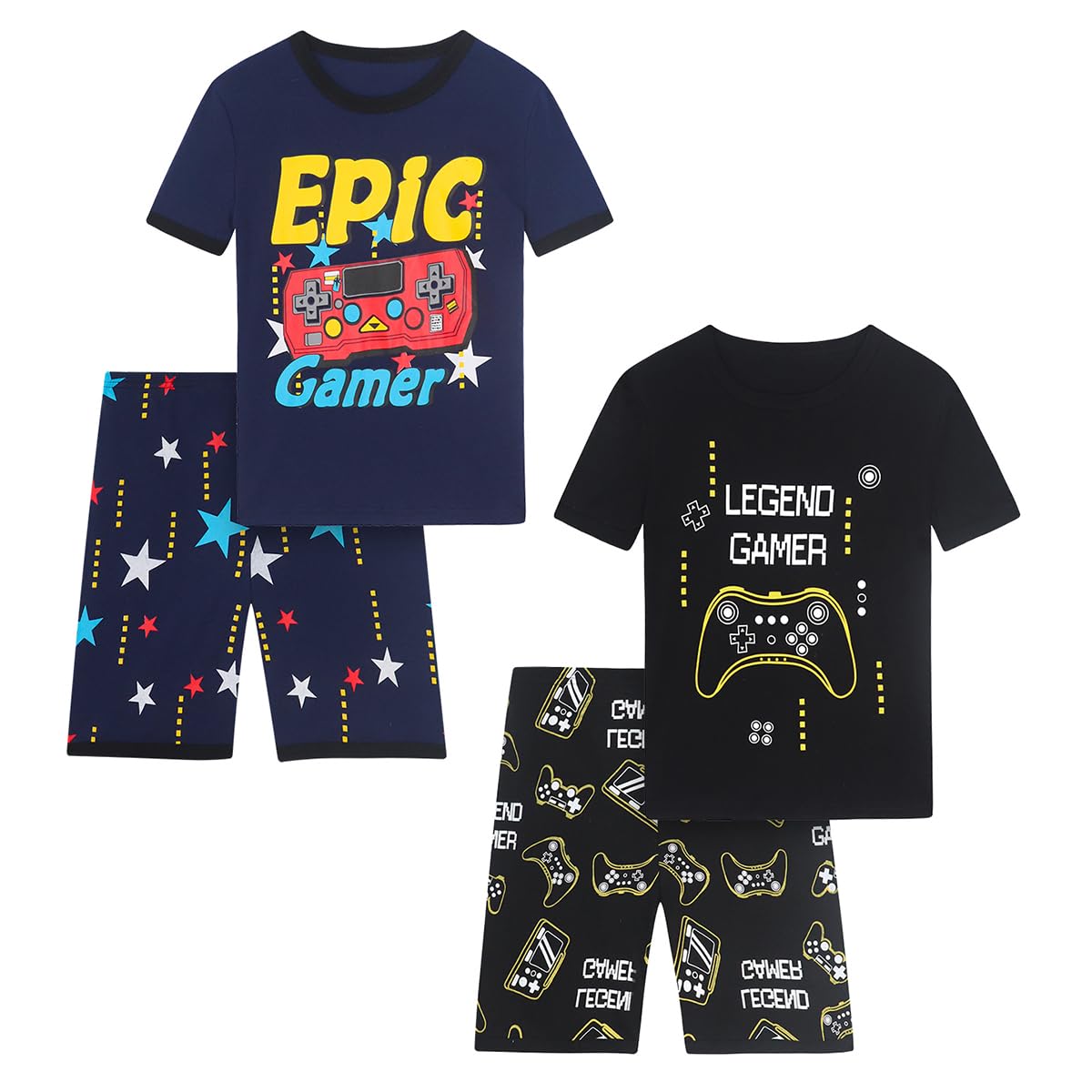 Boys Pajama Set, 4-Piece Cotton Pajamas Short Summer PJs Kids Sleepwear