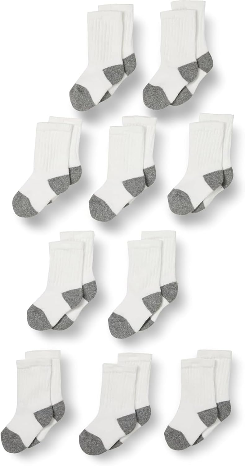 Amazon Essentials Unisex Kids and Toddlers' Cotton Cushioned Crew Socks, 10 Pairs