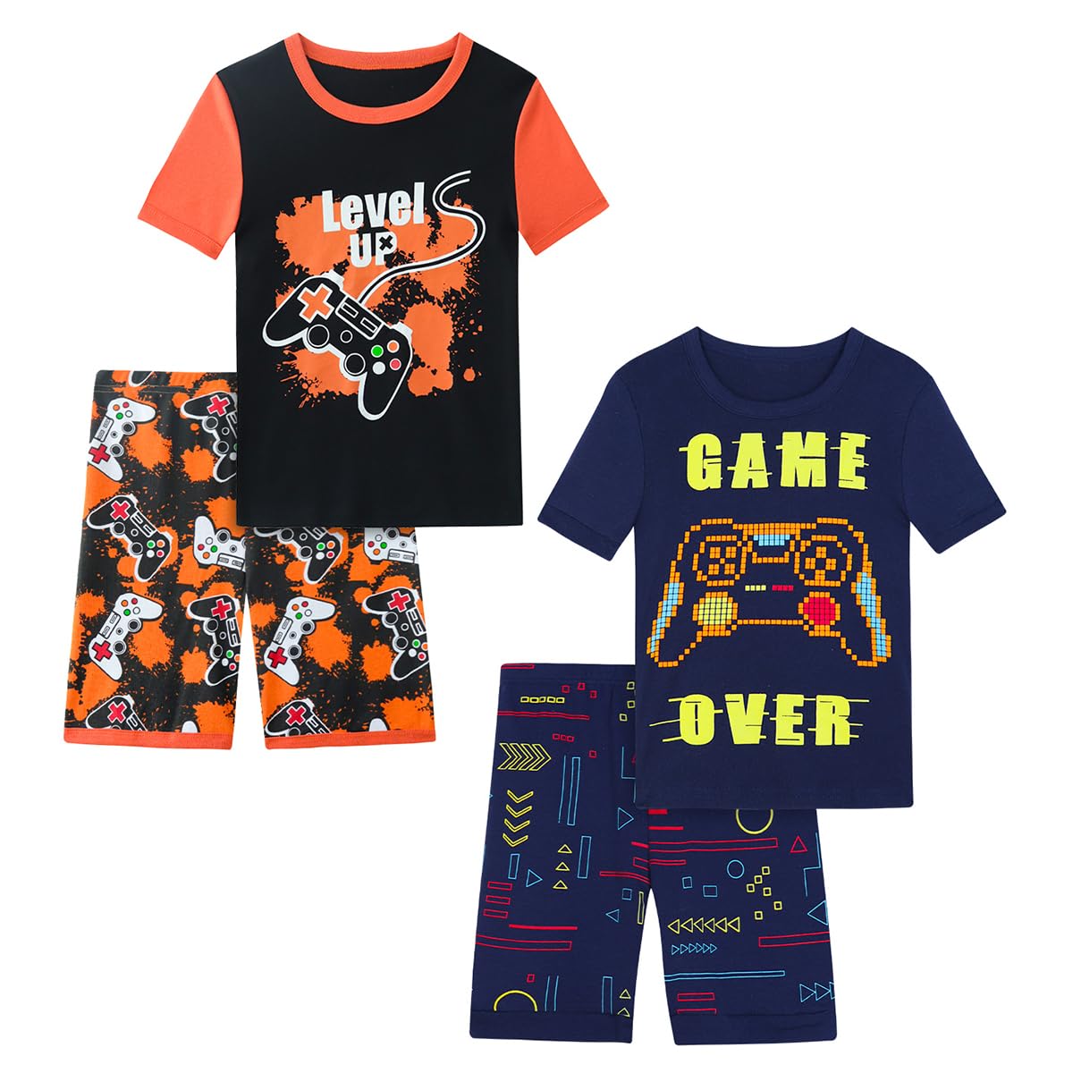 Boys Pajama Set, 4-Piece Cotton Pajamas Short Summer PJs Kids Sleepwear
