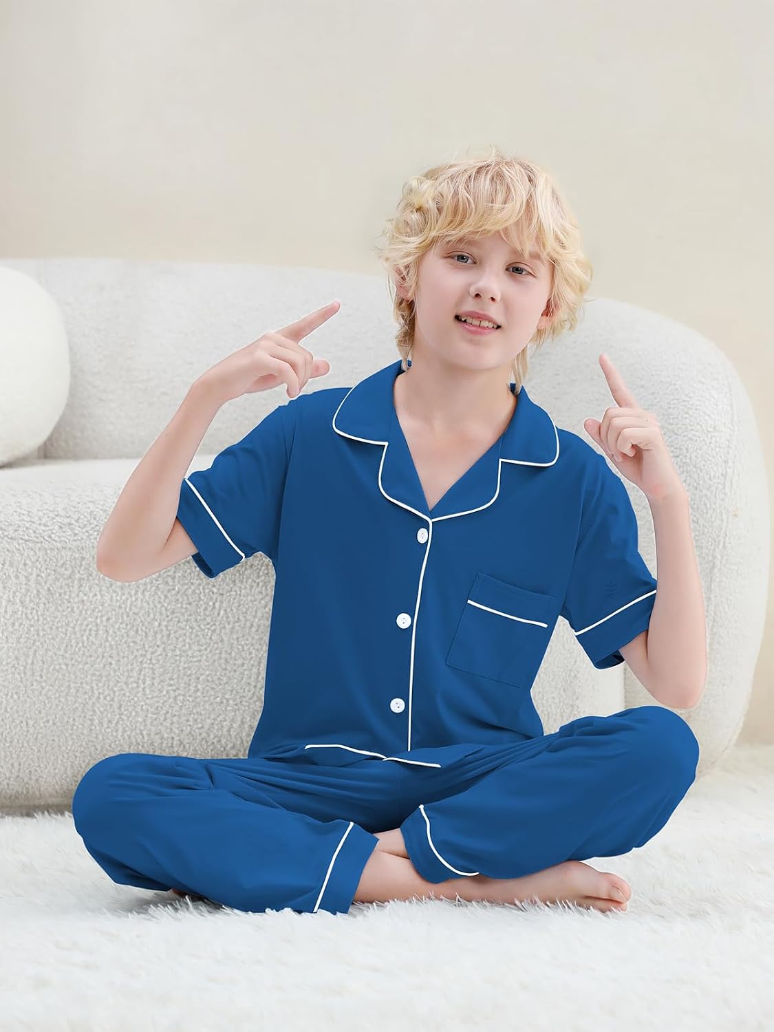 Umeyda Boys 100% Cotton Pajamas Short Sleeve and Long Pants 2-Piece PJ Set