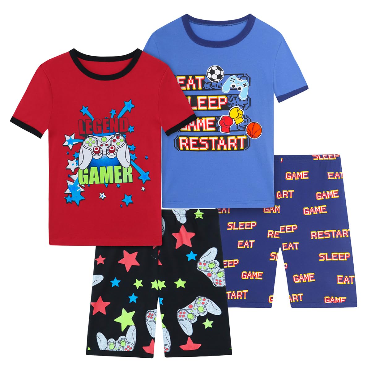 Boys Pajama Set, 4-Piece Cotton Pajamas Short Summer PJs Kids Sleepwear