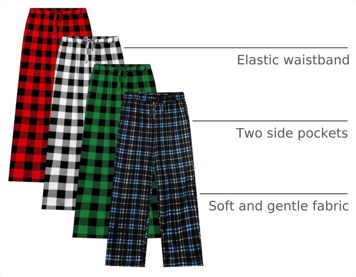 Cooraby 4 Pack Boys Plaid Pants with Pockets Elastic Waist Drawstring Printed Plaid Pants Christmas for Boys Girls
