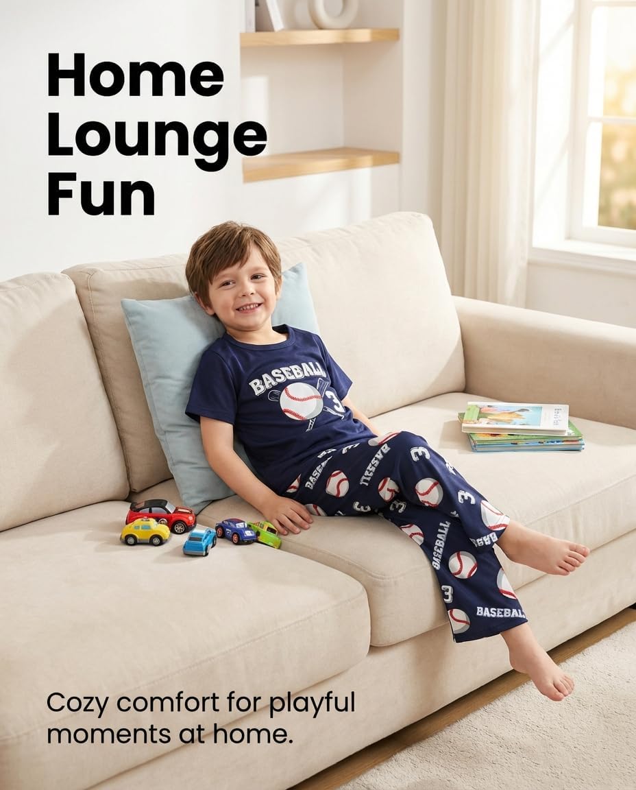 Mikrdoo Boys Pajamas Set 2Piece Short Sleeve Tops and Pants PJs Summer Sleepwear for Kids Size 2-14 Years
