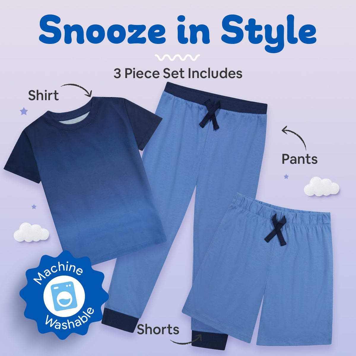 US Angels Boys Pajamas Set | 3-Piece Pant, Shirt, Shorts Sleepwear Pjs for Kids | Loose Fit, Soft, Breathable Blue Plaid