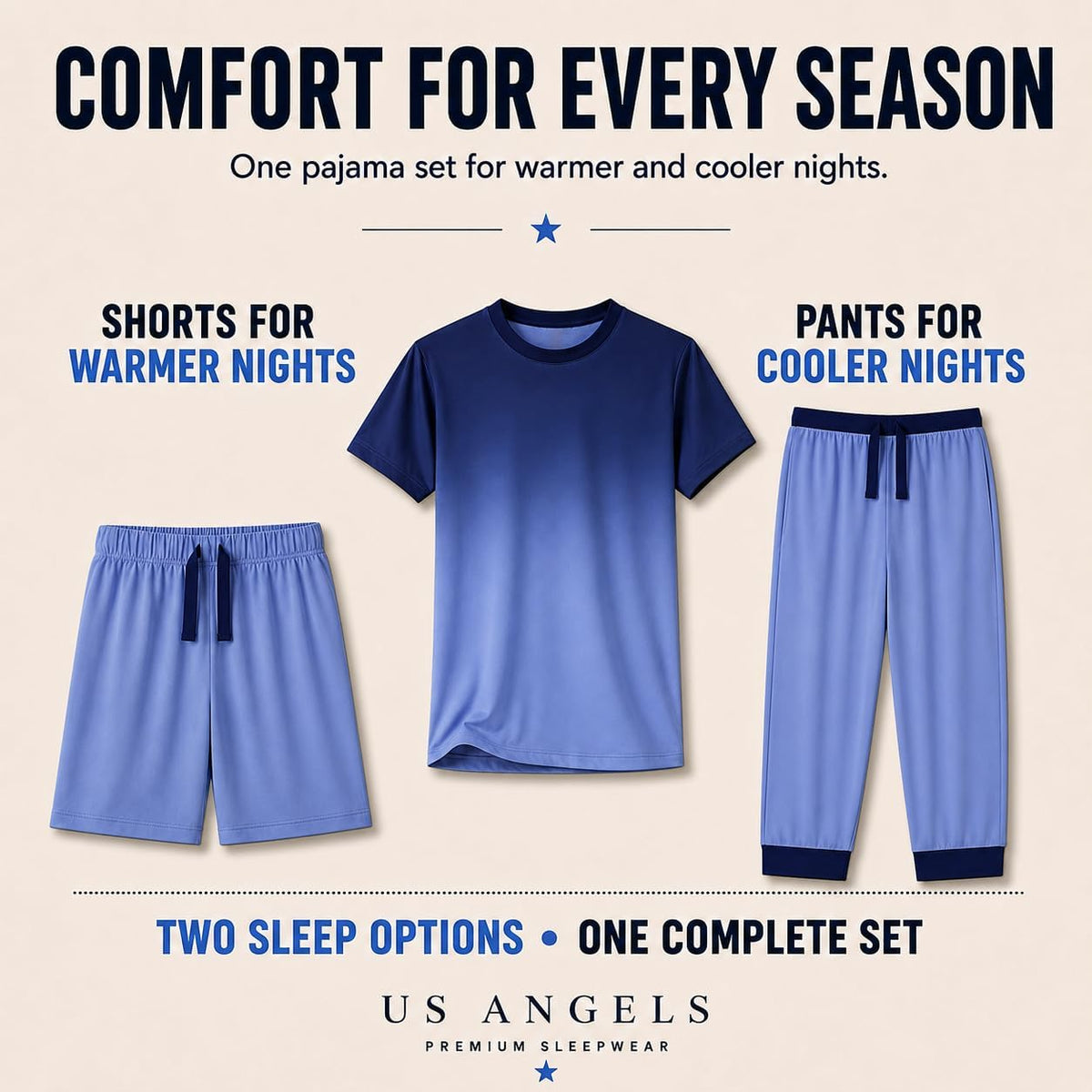 US Angels Boys Pajamas Set | 3-Piece Pant, Shirt, Shorts Sleepwear Pjs for Kids | Loose Fit, Soft, Breathable Blue Plaid