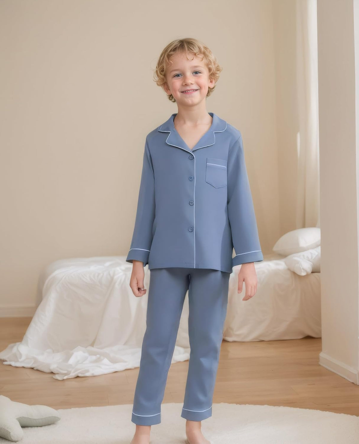 Aablexema Unisex Kids Pajamas Set Button-Down Long Sleeve for Boys Girls