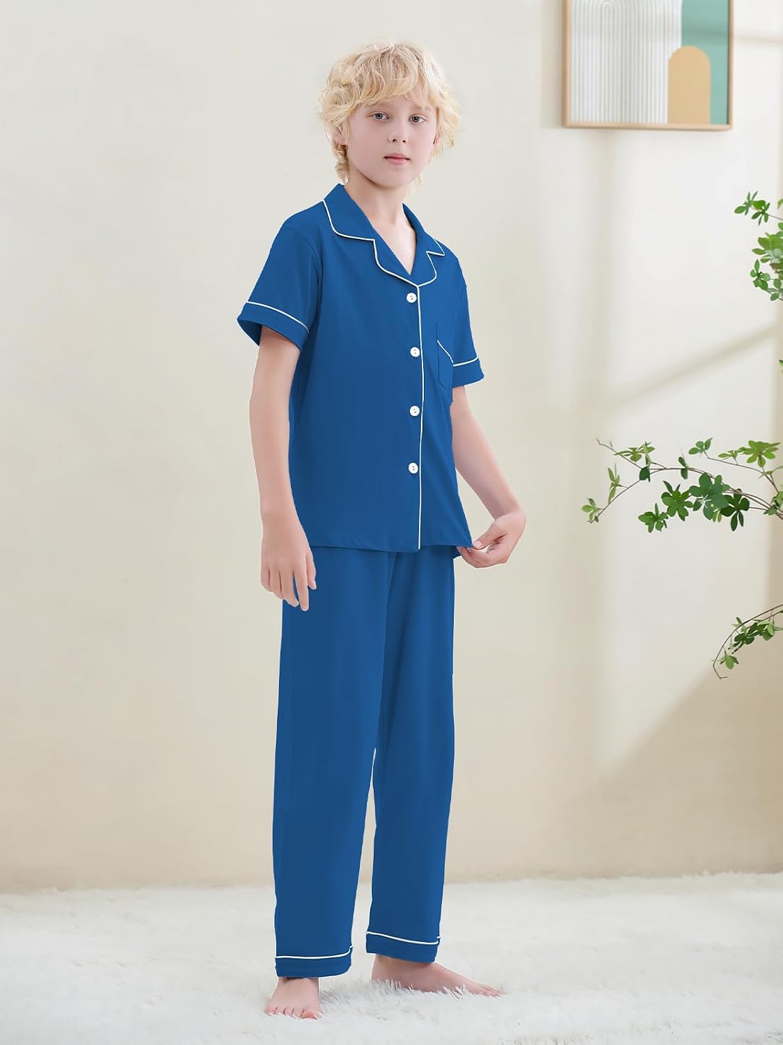 Umeyda Boys 100% Cotton Pajamas Short Sleeve and Long Pants 2-Piece PJ Set