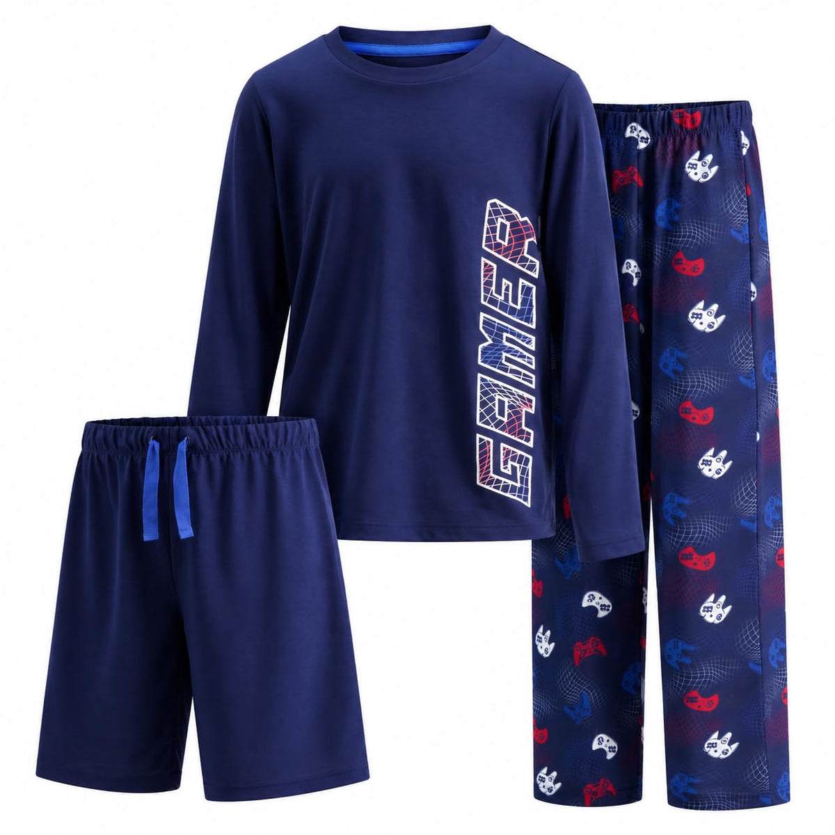 US Angels Boys Pajamas Set | 3-Piece Pant, Shirt, Shorts Sleepwear Pjs for Kids | Loose Fit, Soft, Breathable Blue Plaid