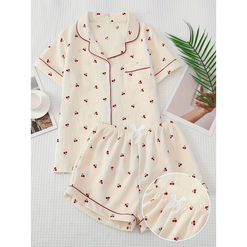 Boys' Youth 2-Piece Loose-Fitting Short Sleeve Fruit Print Pajama Set - Polyester Bubble-Wrinkle Fabric, Lapel Top, Relaxed-Cut Bow Tie Shorts, Cold-Wash, Dry-Clean Kids' Nightwear Loungewear