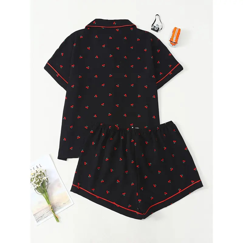 Boys' Youth 2-Piece Loose-Fitting Short Sleeve Fruit Print Pajama Set - Polyester Bubble-Wrinkle Fabric, Lapel Top, Relaxed-Cut Bow Tie Shorts, Cold-Wash, Dry-Clean Kids' Nightwear Loungewear