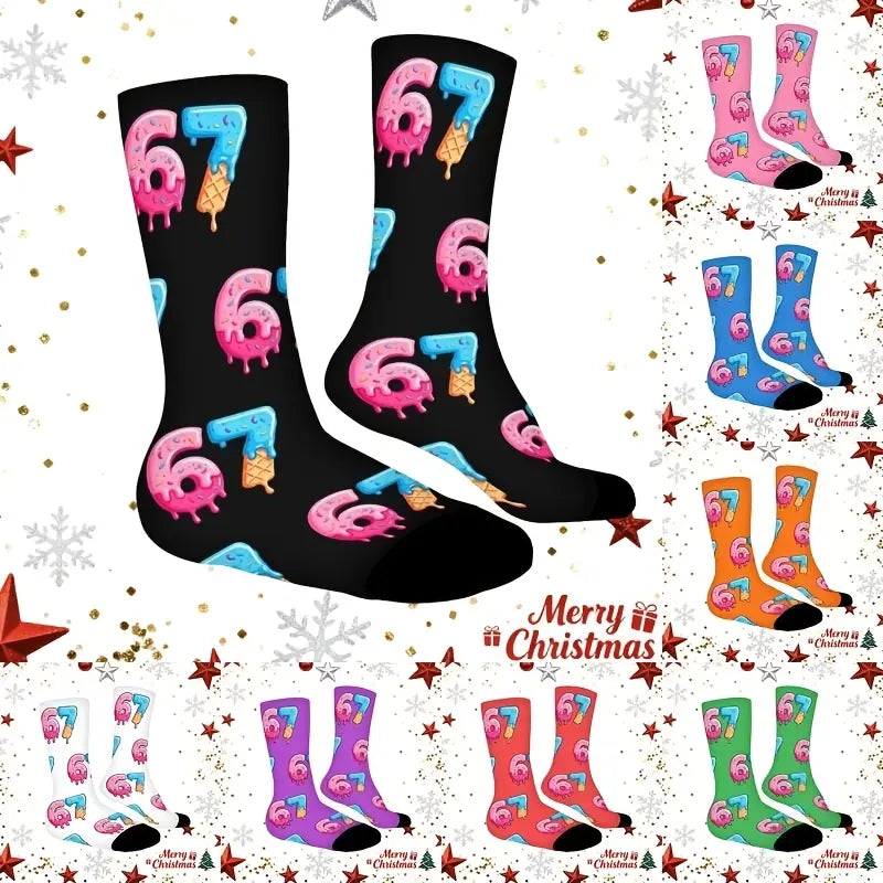 67 Ice Cream Print Socks Suitable for Boys & Girls - Funny 67 Number Meme Socks with Ice Cream Cone & Sprinkle Design, Winter Warm Funny Gifts for Teenagers (Hand Wash/Dry Clean), for Teenager