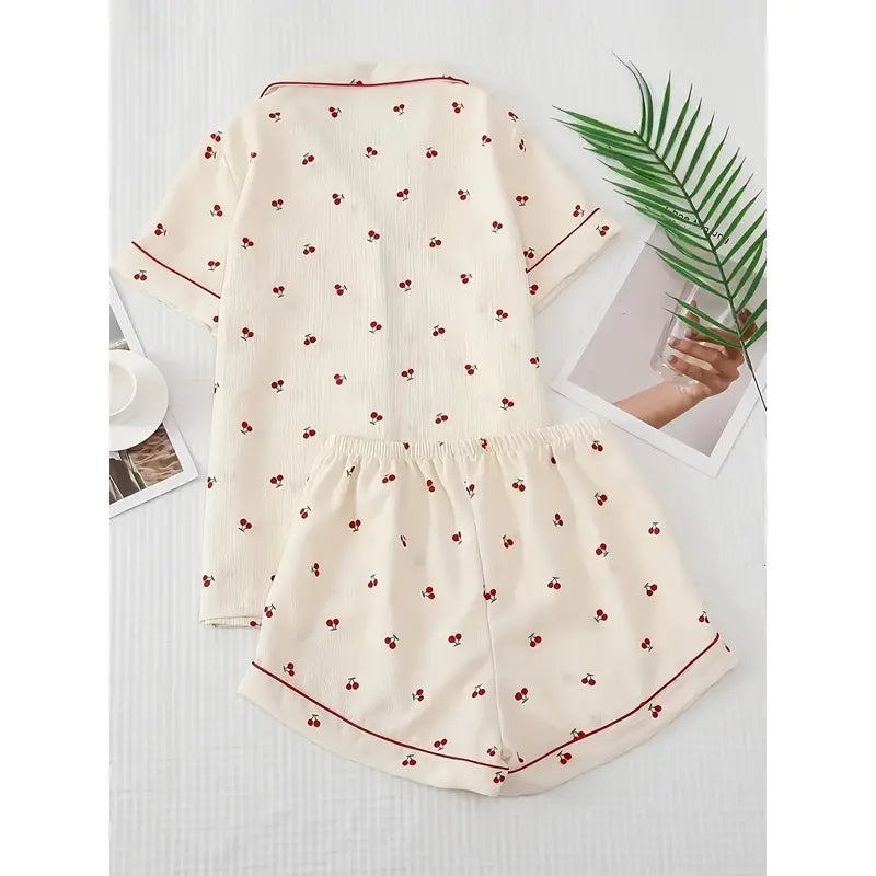 Boys' Youth 2-Piece Loose-Fitting Short Sleeve Fruit Print Pajama Set - Polyester Bubble-Wrinkle Fabric, Lapel Top, Relaxed-Cut Bow Tie Shorts, Cold-Wash, Dry-Clean Kids' Nightwear Loungewear