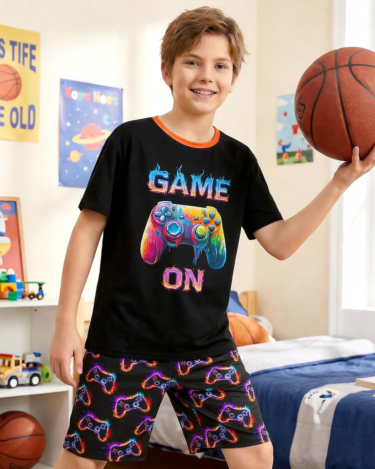 Fiodrimy Boys Pajamas Big Boys Pajamas Short Sleeves & Shorts 2 Pieces Summer Pjs Set Kid Sleepwear Lounge Clothes Size 8-14