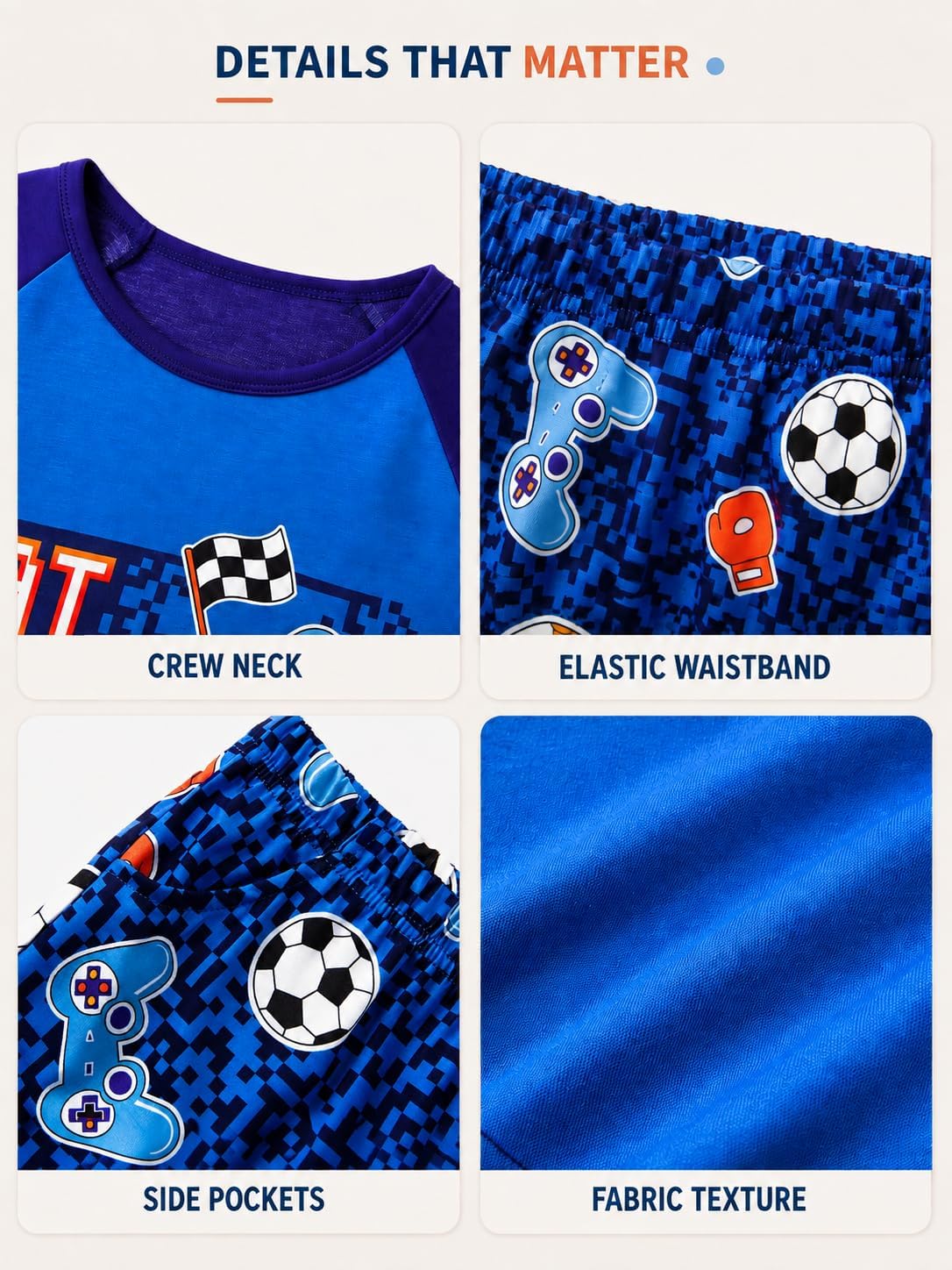 Beezizac Boys Summer Pajamas, Short-Sleeve 2-Piece Sleepwear, Sizes 6-18