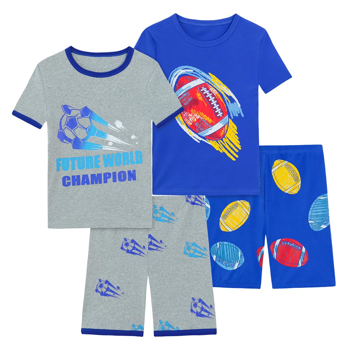 Boys Pajama Set, 4-Piece Cotton Pajamas Short Summer PJs Kids Sleepwear