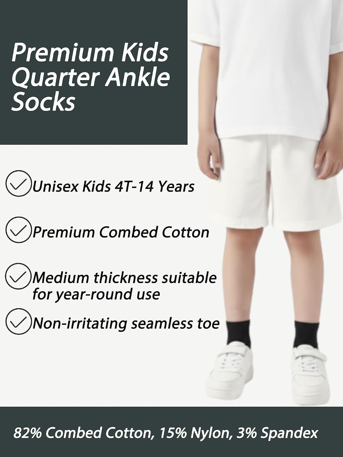 Kids Quarter Ankle Socks for Boys Girls 10 Pack Seamless Athletic Socks