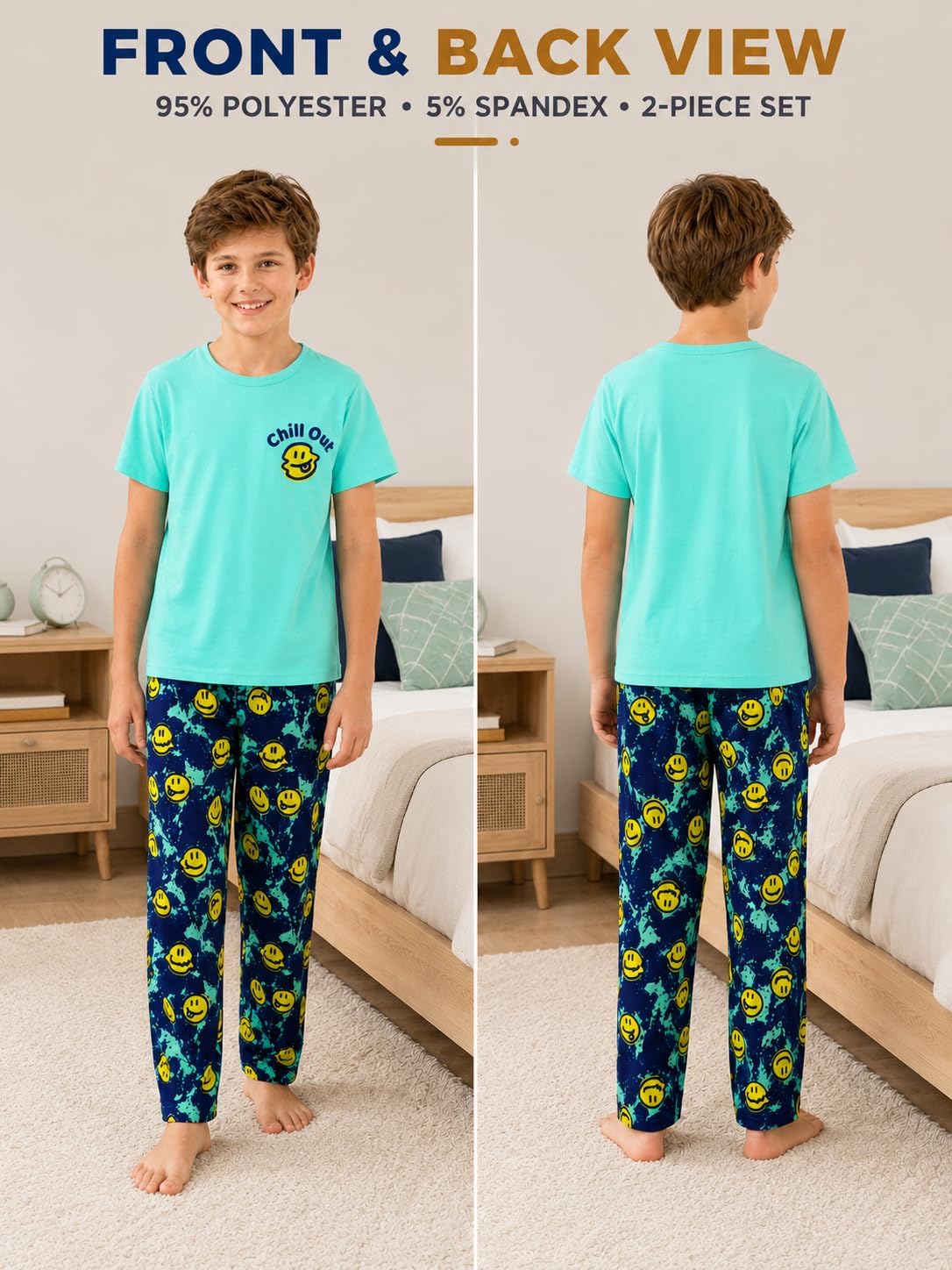 Beezizac Boys Pajamas, Teal & Navy Face Short Sleeve & Pants PJs, Size 6-18