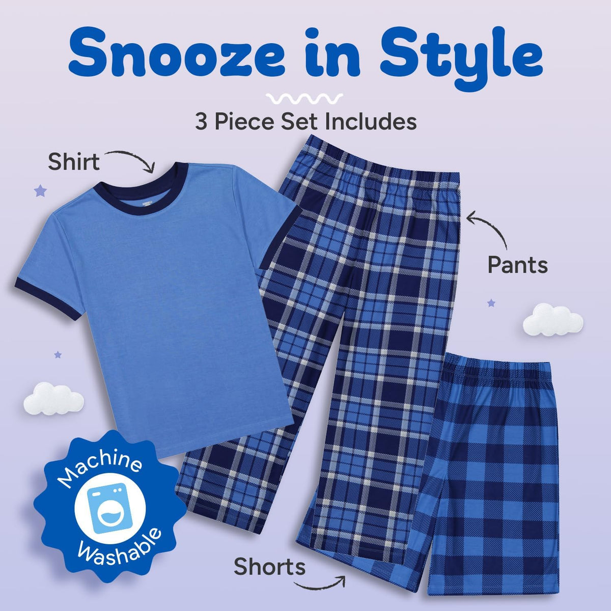US Angels Boys Pajamas Set | 3-Piece Pant, Shirt, Shorts Sleepwear Pjs for Kids | Loose Fit, Soft, Breathable Blue Plaid