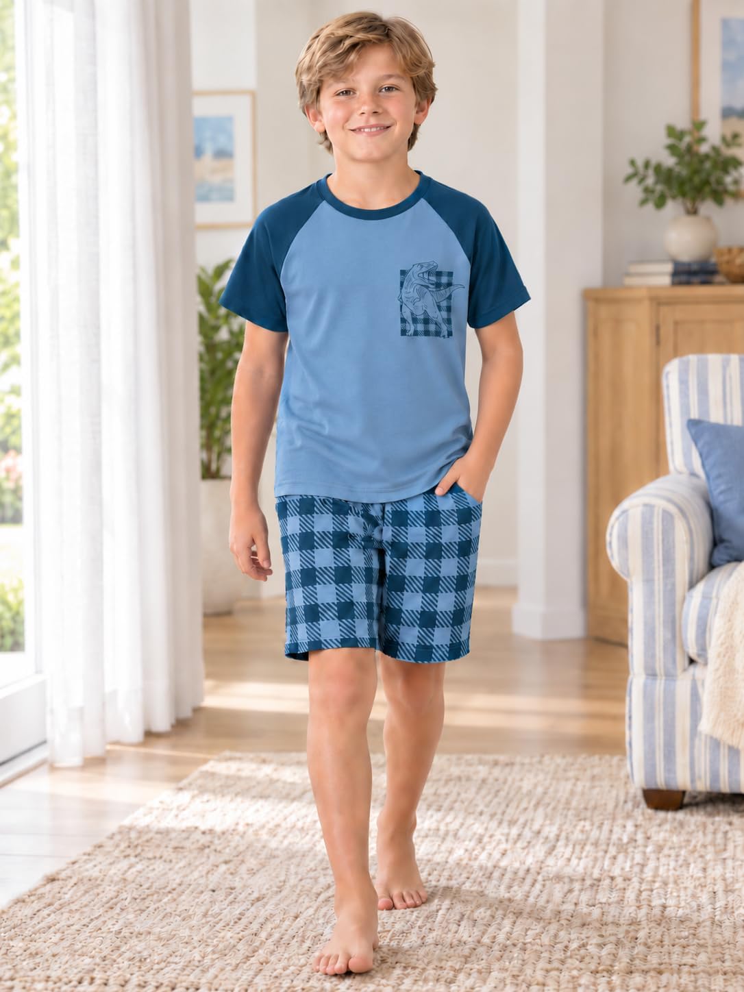 Beezizac Boys Pajamas Raglan Summer Cool Short Sleeve Set Size 6-18
