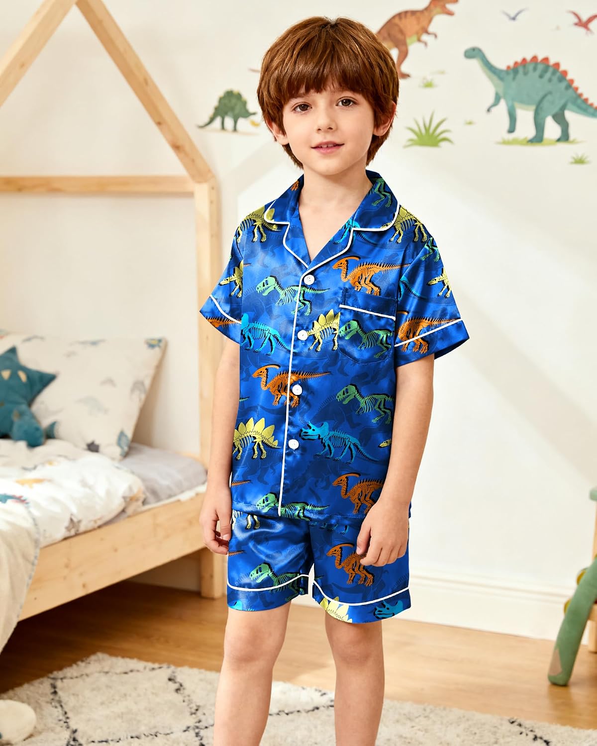PASHOP Boys Pajamas Toddler Little Boys Silky Satin Pajamas Button Down Short Sleeve & Shorts Pjs Set Kids Sleepwear 3-10Y