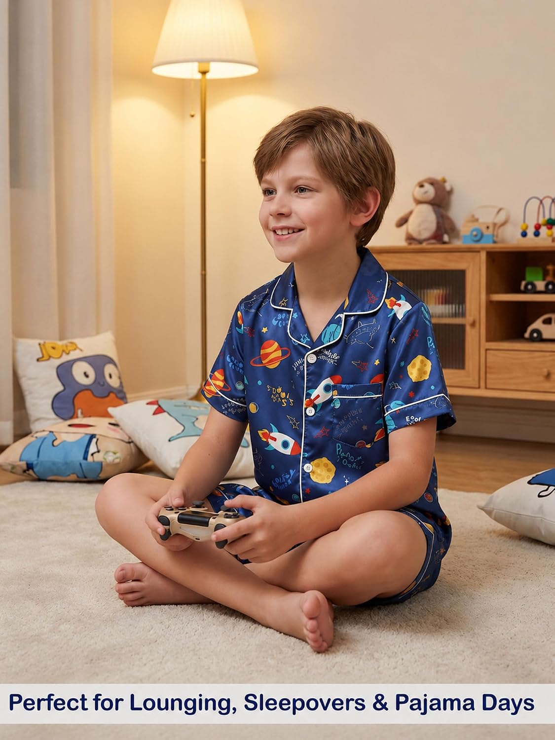 Basumee Boys Satin Pajamas Set, Silky Summer Pjs for Kids 6-13Y, 2 Pieces