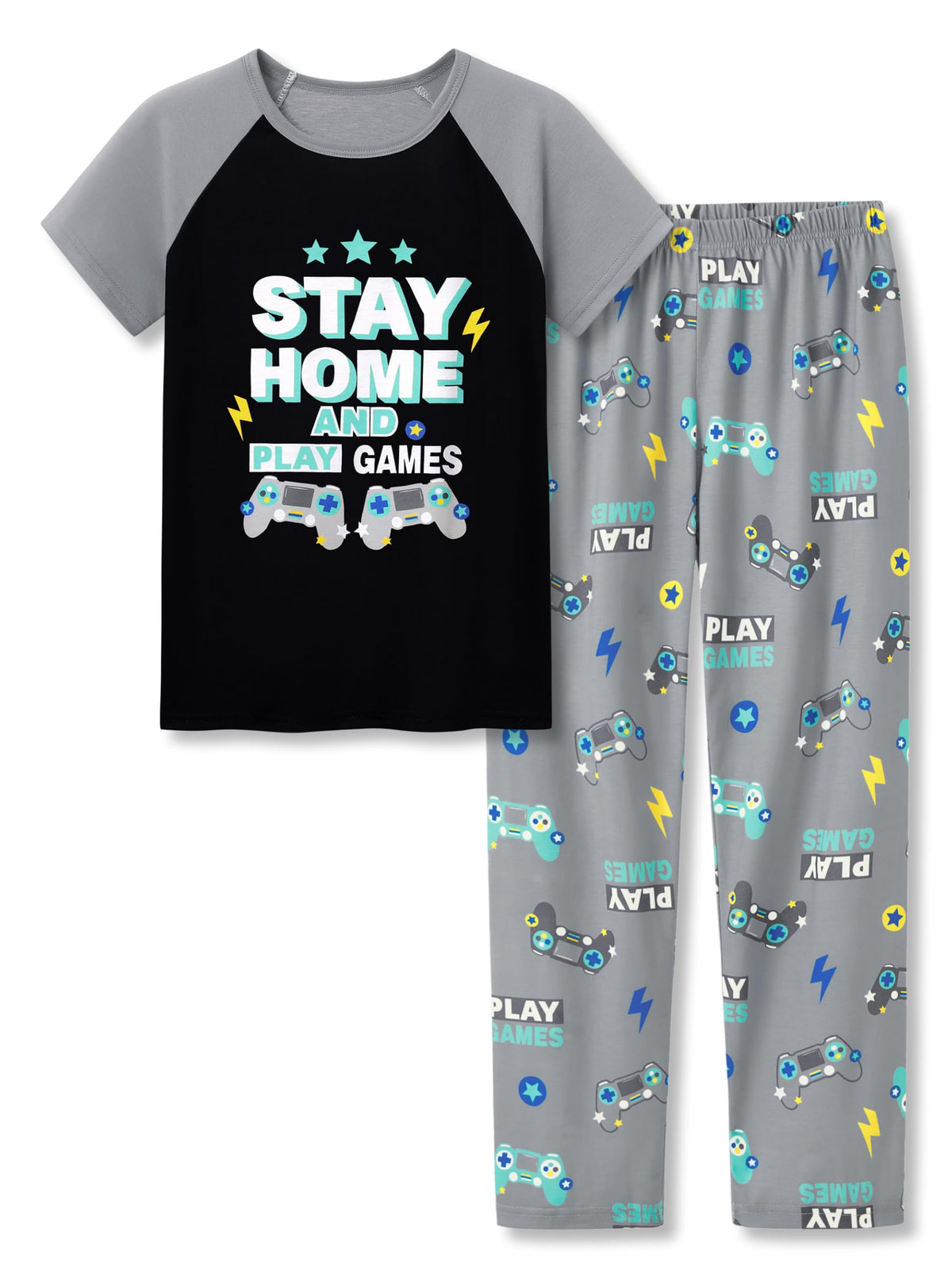 Tebbis Boys Comfy Fun Print Short Sleeve & Pants Pajama Set Sizes 6-18