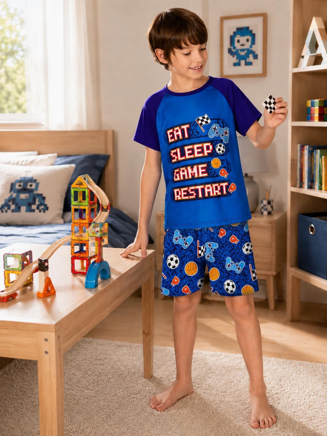 Beezizac Boys Summer Pajamas, Short-Sleeve 2-Piece Sleepwear, Sizes 6-18
