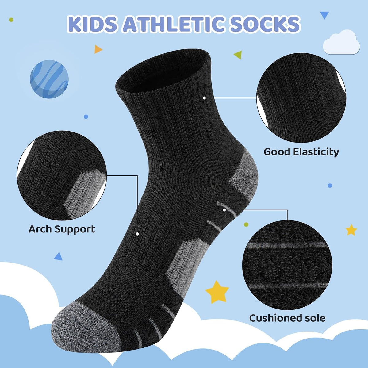 Comfoex 12 Pairs Boys Socks kids Cushioned Sport Short Quarter Athletic Sock For Little Big Kids 6-8 8-10 years