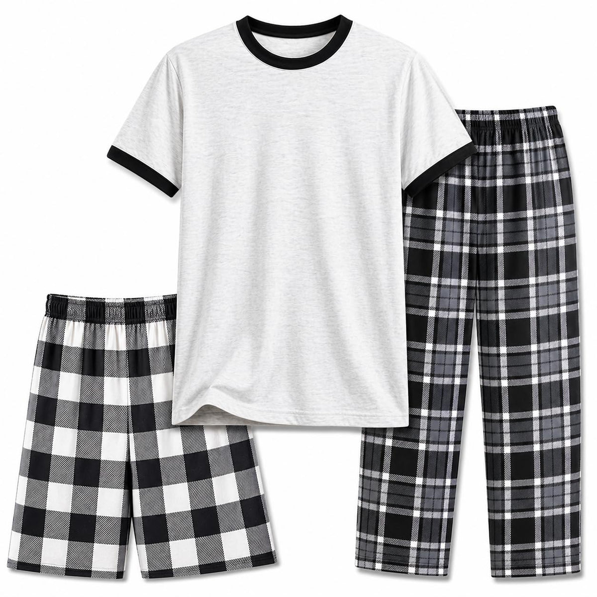 US Angels Boys Pajamas Set | 3-Piece Pant, Shirt, Shorts Sleepwear Pjs for Kids | Loose Fit, Soft, Breathable Blue Plaid