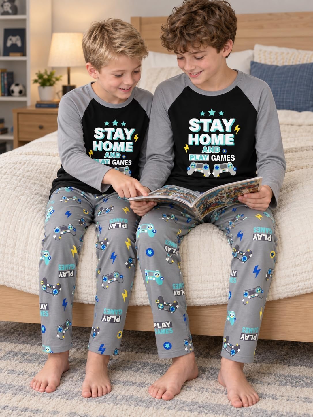 Tebbis Boys Trendy Graphic Long Sleeves & Pants Winter Pajamas Sizes 6-18