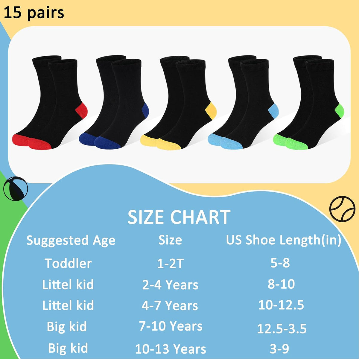 ZERULETS 15 Pairs Kids Socks, Toddler Crew Mid Calf School Socks 1-14 Years