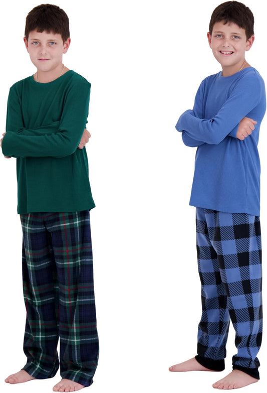 US Angels Boys Pajamas Set | 4-Piece Long Sleeve & Fleece Pants | Soft Warm Sleepwear Pjs for Kids & Teens