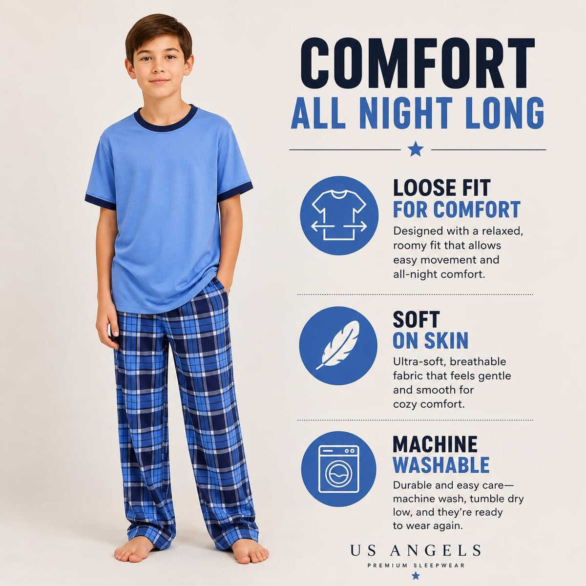 US Angels Boys Pajamas Set | 3-Piece Pant, Shirt, Shorts Sleepwear Pjs for Kids | Loose Fit, Soft, Breathable Blue Plaid
