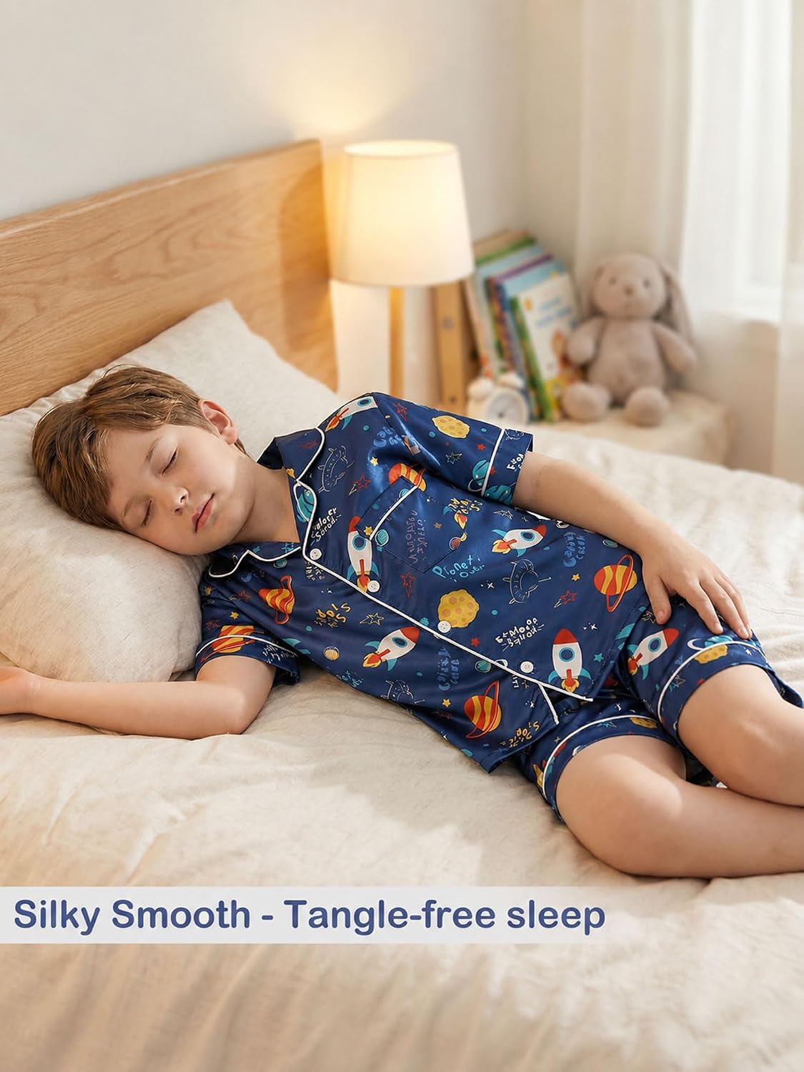 Basumee Boys Satin Pajamas Set, Silky Summer Pjs for Kids 6-13Y, 2 Pieces